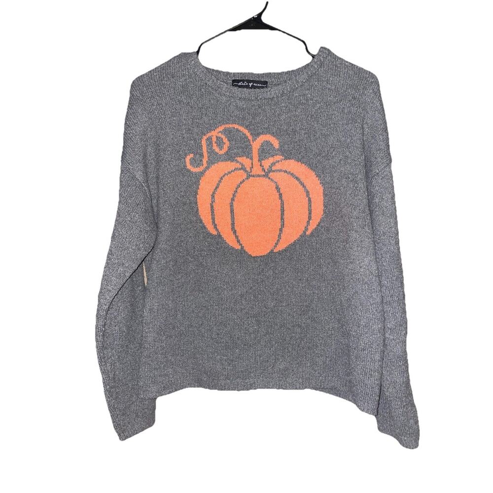 State Of Mine Womens Gray Knit Pumpkin Fall Pullover Sweater Sz L FALL